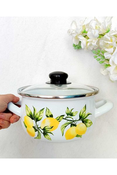 EBRULİEMAYE Limon Dali Enamel Pot 2.8 Liter 20 cm Milk Yogurt Soup Pot