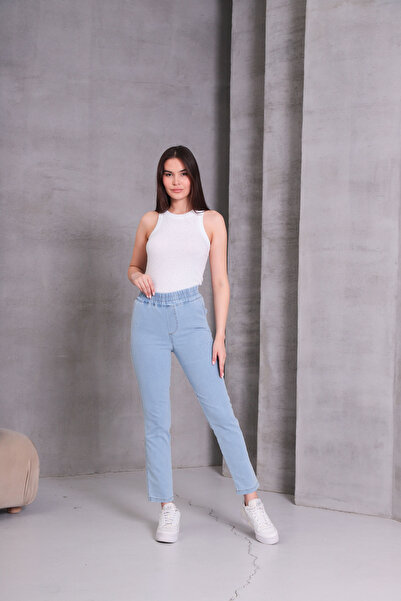 Gülizim Butik Buz Mavi Kadın Beli Lastikli Yüksek Bel Likralı Büyük-küçük Beden Jeans
