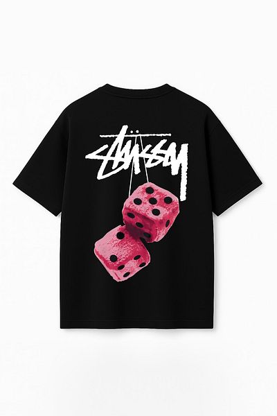 THE RULE Unisex Stüssy Dice Printed Oversize 100% Cotton Wide Cut Textured Crew Neck Black T-Shirt Rf0511