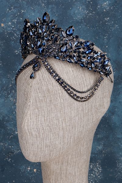 Hayalperest boncuk Velisse Navy Blue Colored Bridal Crown Shiny Accessory
