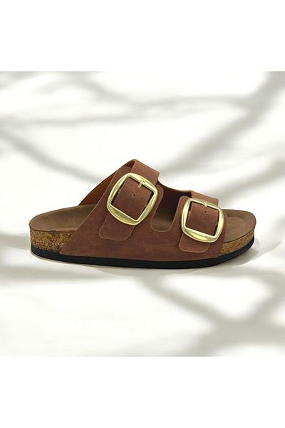 ELAIA SHOES LUNA Γυναικείες Παντόφλες Άνετες Ανατομικές Καθημερινές με Διπλή Πόρπη Καφέ