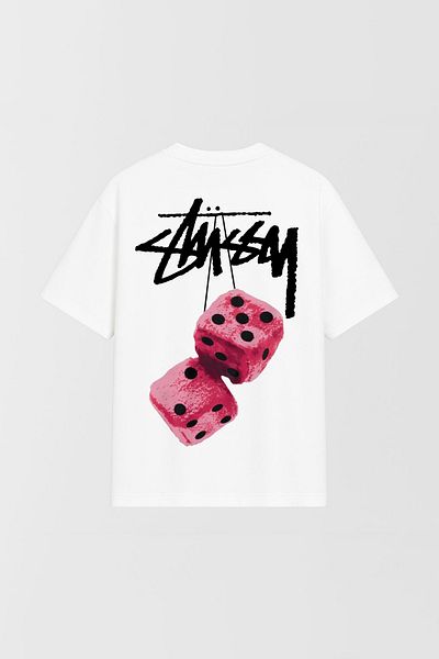 THE RULE Unisex Stüssy Dice Printed Oversize 100% βαμβακερό φαρδύ κομμένο λευκό μπλουζάκι με λαιμόκοψη RF0511