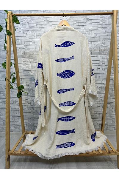 Befera Design Muslin Kimono 100% Cotton Fish Printed Patterned Bathrobe Kaftan Dressing Gown