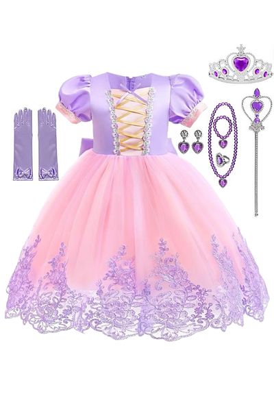 EvrikaUnity Rapunzel Princess Dress for Girls, Set with Crown and Accessories, 5-6 years, 130 cm, Pink