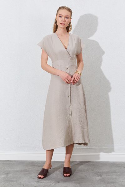 EDITION WOMAN Double Breasted Collar Skirt Buttoned Modal Dress - Stone |   28-1871