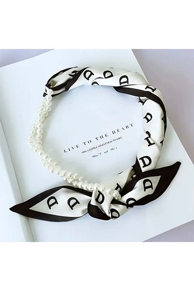 Accessories Vanilla Avenue Black White Text Detaliat Pearl Ribbon Şal elegant pentru femei