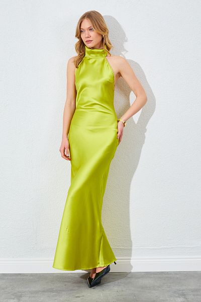 EDITION WOMAN High Neck Backless Long Satin Dress - Oil Green |   28-1638