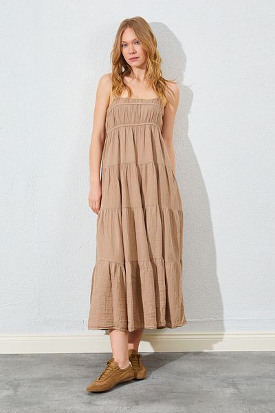 Manche Casual Muslin Women's Dress with Straps - Stone |   28-9744