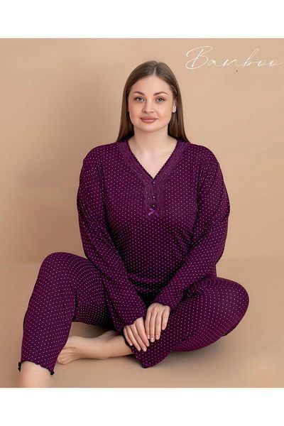 PİJAMERRY Women`S Plus Size Pajama Set - Lace Trimmed Bamboo Long Sleeve 5541