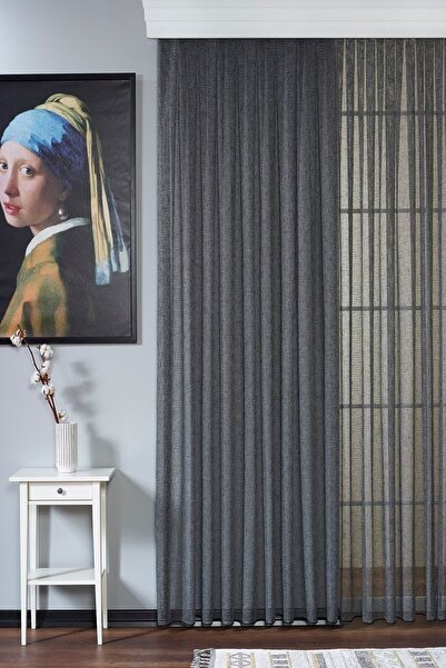 Elen's Antrasit Keten Ütü Istemeyen Kalın Tül Perde 1/2,5 Pileli Natural Tül Perde Lima