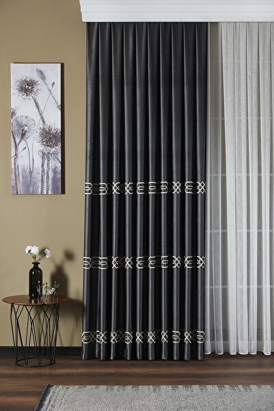 Elen's Lacivert Premium Kalite Bordür Nakış Işleme Ipek Lüx Saten Fon Perde E...