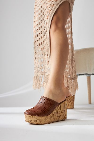 Limoya Viana Tan Closed Front Wedge Heeled Women's Slippers