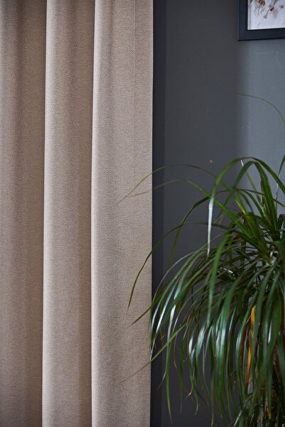 Elen's Açık Vizon Modern Yumuşak Dökümlü Kumlama Desenli Düz Jakar Fon Perde Büzdürmeli Ekstraforlu Erguvan