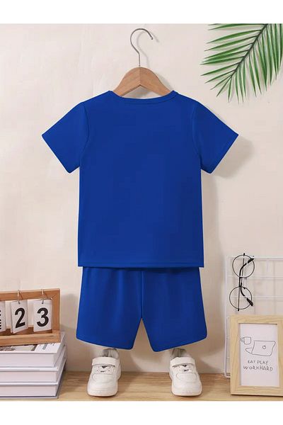 Afternoon Kids Boy's Saks Blue Color''White Brooklyn Bottom Top Suit'' Printed Sweet Comfortable Tshirt-Shorts Suit