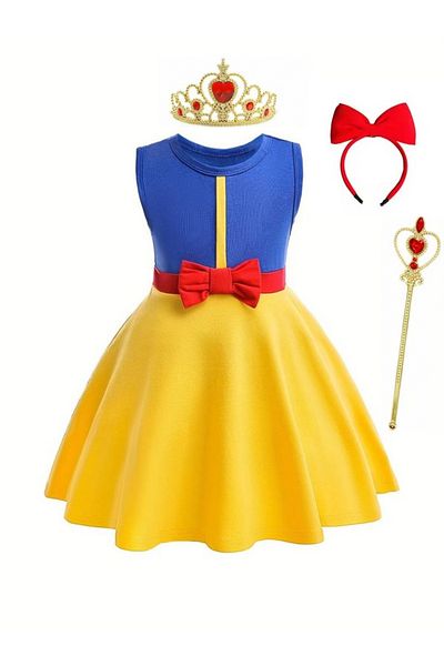 EvrikaUnity Girls' Snow White Princess Dress, With Headband, Crown and Wand, 5-6 years, 130cm, Yellow