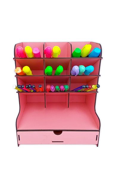 kutuTR Cross 9 Compartment Desktop Pen Holder Organizer with Drawer Pink Color Assembled Product