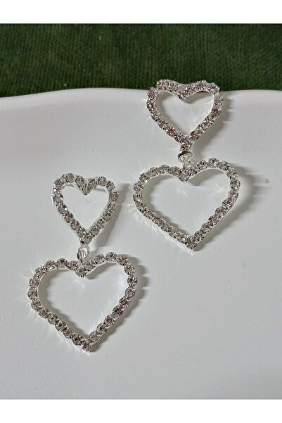 mos&more Taşlı Çift Kalp Şık Kadın Küpe