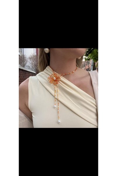 SHİNELİZE Çiçek detaylı choker kolye, turuncu çiçekli choker kolye, turuncu k...