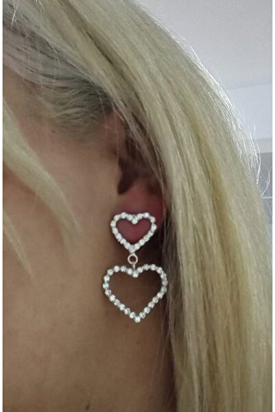 mos&more Taşlı Çift Kalp Şık Kadın Küpe