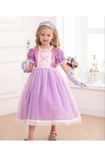 EvrikaUnity Rapunzel Princess Dress for Girls, Set with Crown and Accessories, 4-5 years, 120 cm, Pink