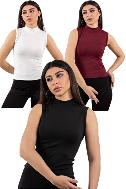 KHAB PREMİUM نصف الياقة المدورة بلا أكمام 3 قطعة ليكرا الجسم