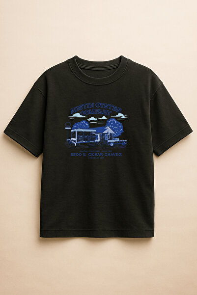 Altair Tr تي شيرت أسود اللون كبير الحجم مطبوع عليه شركة أوستن أويستر للجنسين