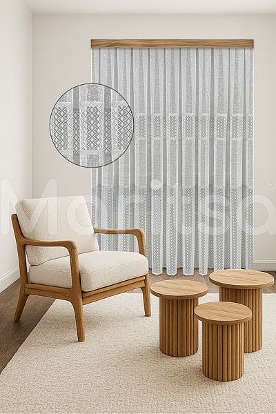 MARİTSA Tulle Curtain - Knitted Series Modern Classic Lace Detailed Diamond Pattern White Close Pleat (1X3) Curtain