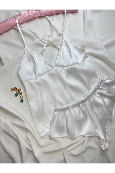 ROZENİN LINGERIE Satin Backless Strappy Hipster Shorts Nightgown Pajama Set (Dowry Custom)