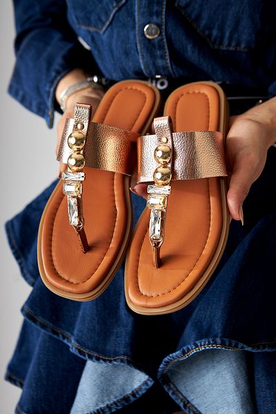 Limoya Genuine Leather Petya Tan Stone Flip Flops Women's Slippers