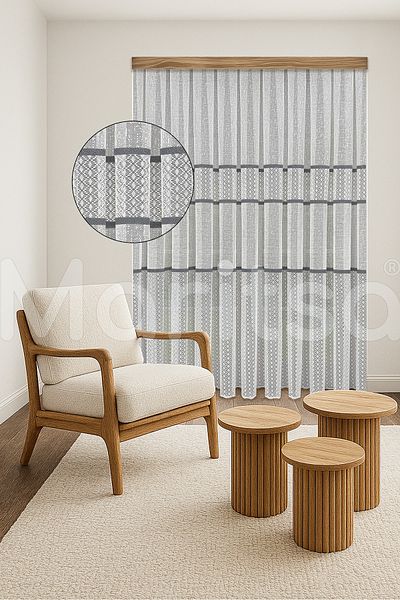 MARİTSA Tulle Curtain - Knitted Series Modern Classic Gray Lace Detailed Diamond Pattern White Close Pleat (1X3) Curtain