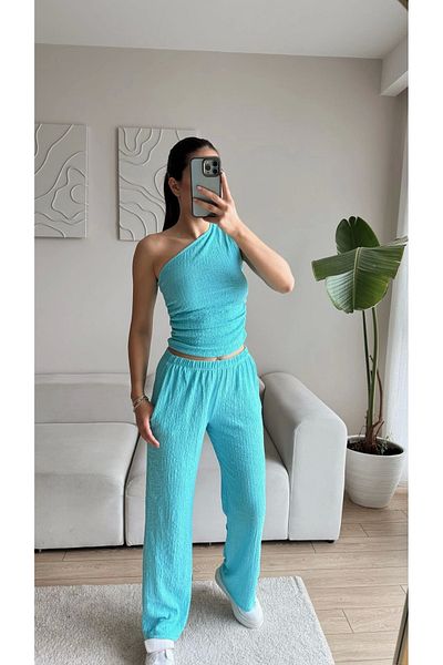 Zoom Butik طقم بنطال وبنطلون بكتف واحد - تركواز