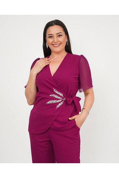 Butik Nilyam طقم بنطلون بلوزة نسائية مقاس كبير مزدوج الصدر وياقة على شكل ورقة شجر لؤلؤية وأكمام شيفون 24727