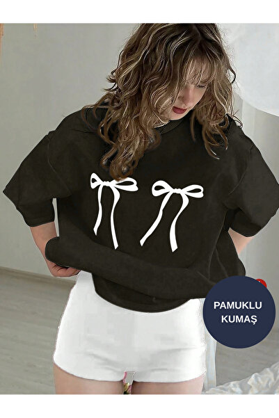 oneagılyazı Kadın Siyah Kurdela Baskılı Tshirt - Bisiklet Yaka