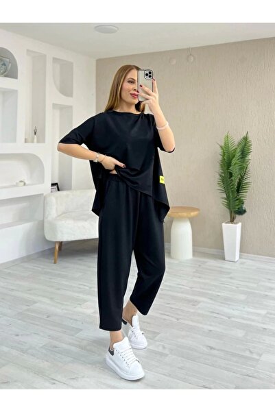 Serero Women's Short Sleeve Crew Neck Viscose Two Thread Blouse and Pants Double Set