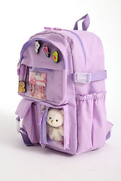 Roomys Лилава ученическа раница в корейски стил Kawaii - с аксесоари и плюшено мече