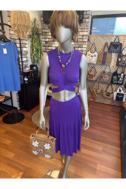 DOLCE QUEEN Women's Daily Cross Detailed Crop Top and Bottom Set