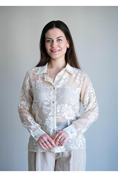 snc Çiçekli Transparan Uzun Kol Gömlek Bej