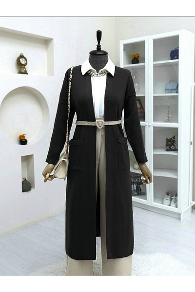 HİJABAYA Long Knitwear Cardigan with Pockets and Slits