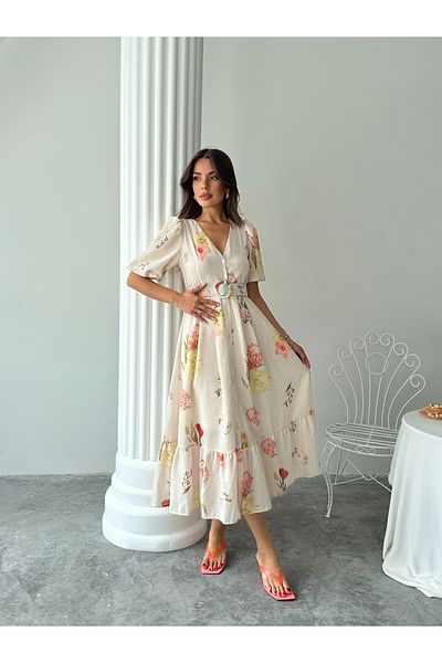 Lusin Women's Stone Embroidered Patterned Premium Lined Linen Dress
