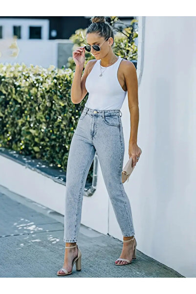 WODDİ Alissa Buz Kar Mavi Jeans Yüksek Bel Dar Paça Mom Kot Pantolon