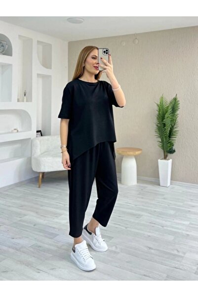 Serero Women's Short Sleeve Crew Neck Viscose Two Thread Blouse and Pants Double Set