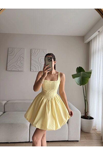 Zoom Butik Bel Korse Balon Etek Elbise - SARI