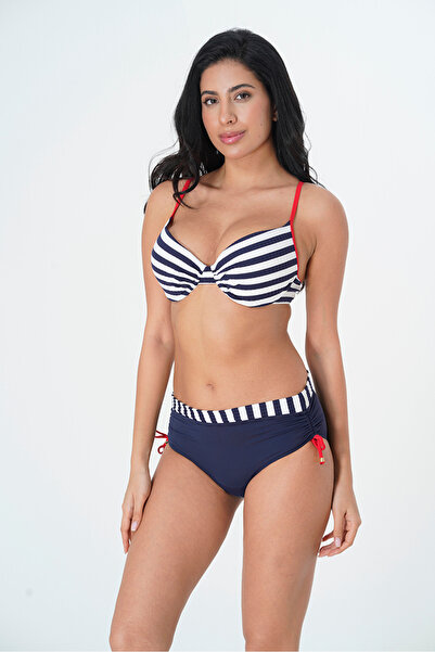 Sunsurf Lacivert, Beyaz Yatay Çizgili, Kaplı Bikini Takımı