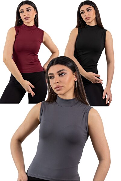KHAB PREMİUM Half Turtleneck Sleeveless 3 Piece Lycra Body
