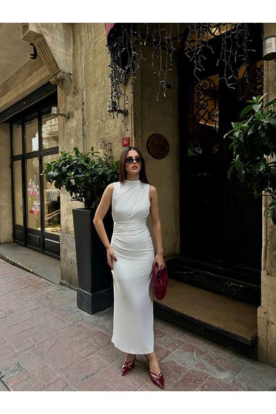 Cistern İstanbul Γυναικείο μακρύ φόρεμα από λευκό άμμο με γιακά με φόδρα με σκίσιμο στην πλάτη