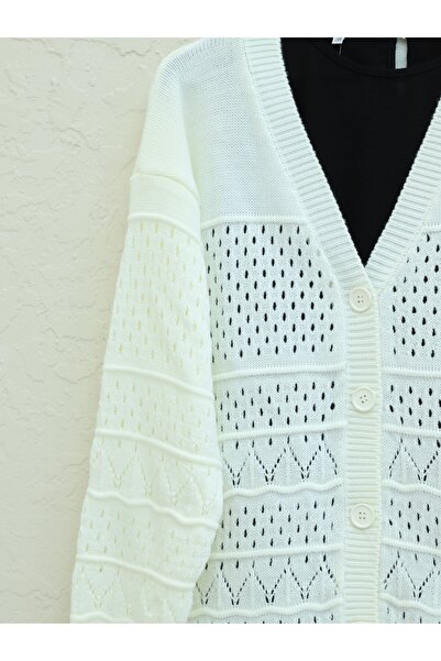 HİJABAYA Openwork Cardigan with Patterned Sleeves and Buttons