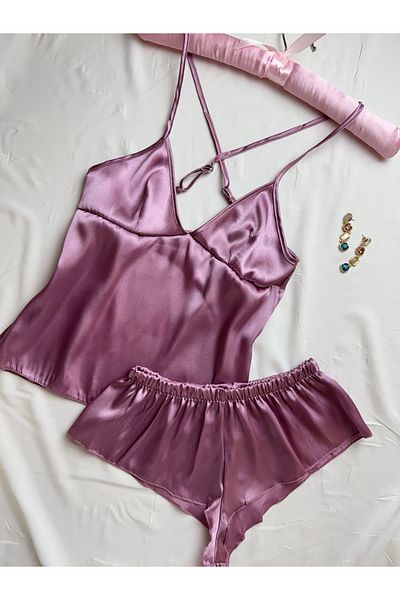 ROZENİN LINGERIE Satin Backless Strappy Hipster Shorts Nightgown Pajama Set (Dowry Custom)