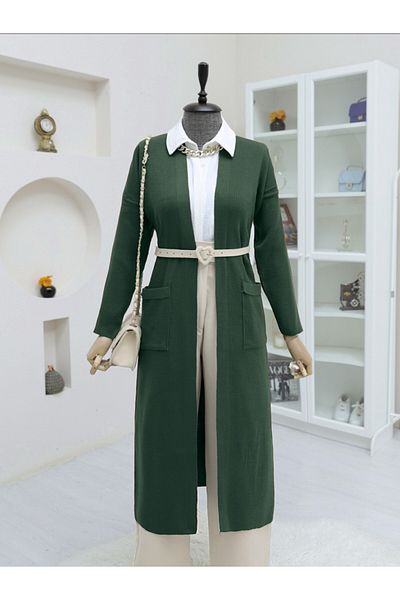 HİJABAYA Long Knitwear Cardigan with Pockets and Slits