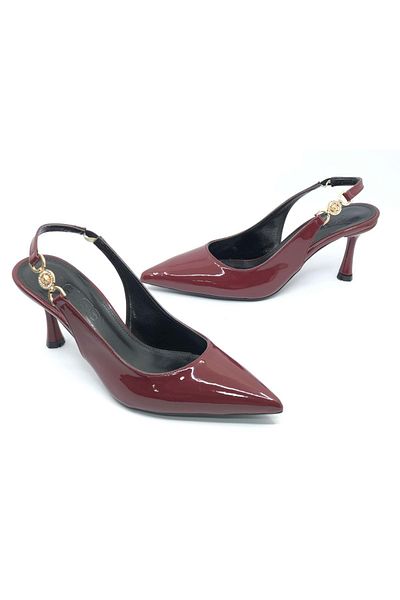 KCMN Feles Side Buckle Detailed Open Back Stiletto Women's Heeled Shoes Claret Red