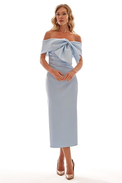 Elbisemhazır Straplez Fiyonklu Omuz Açık Kadın Midi Abiye Elbise